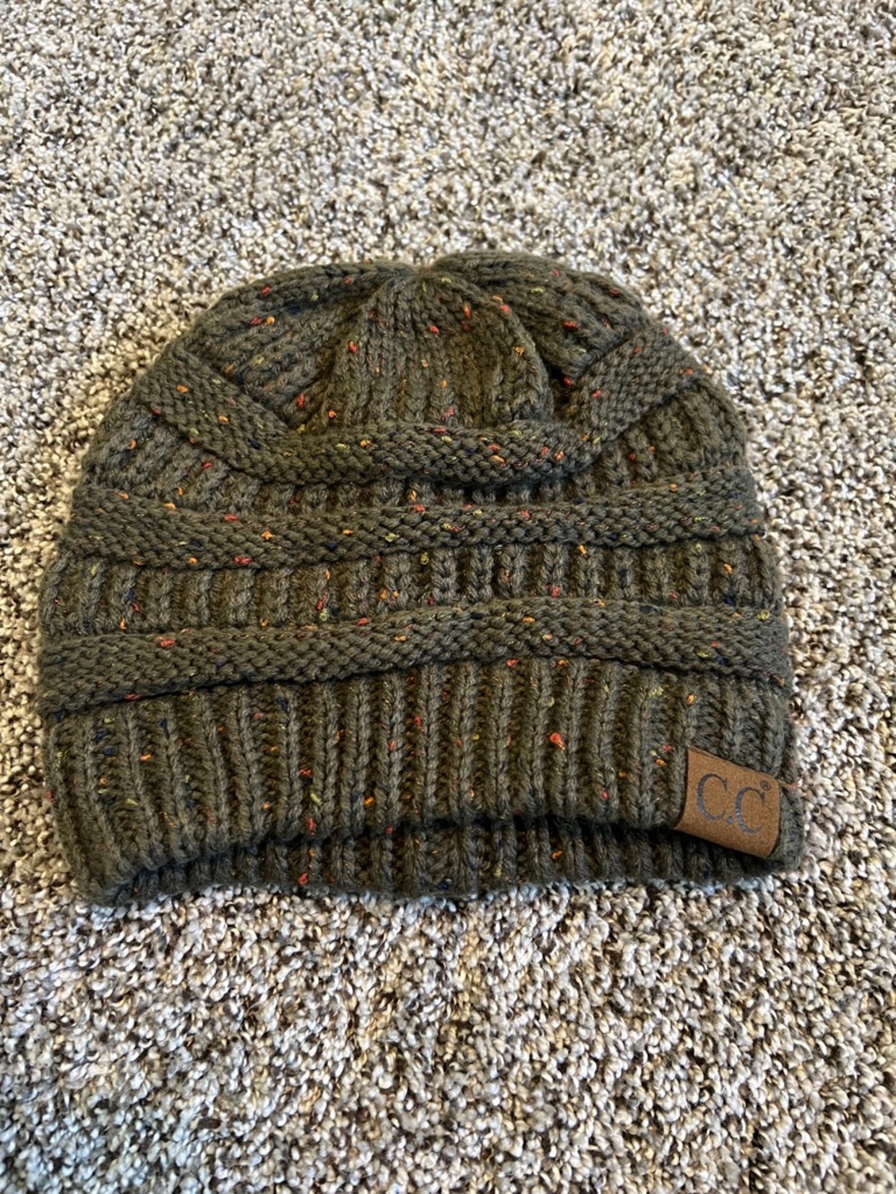 CC Olive Green Knit Beanie with Flecked Yarn